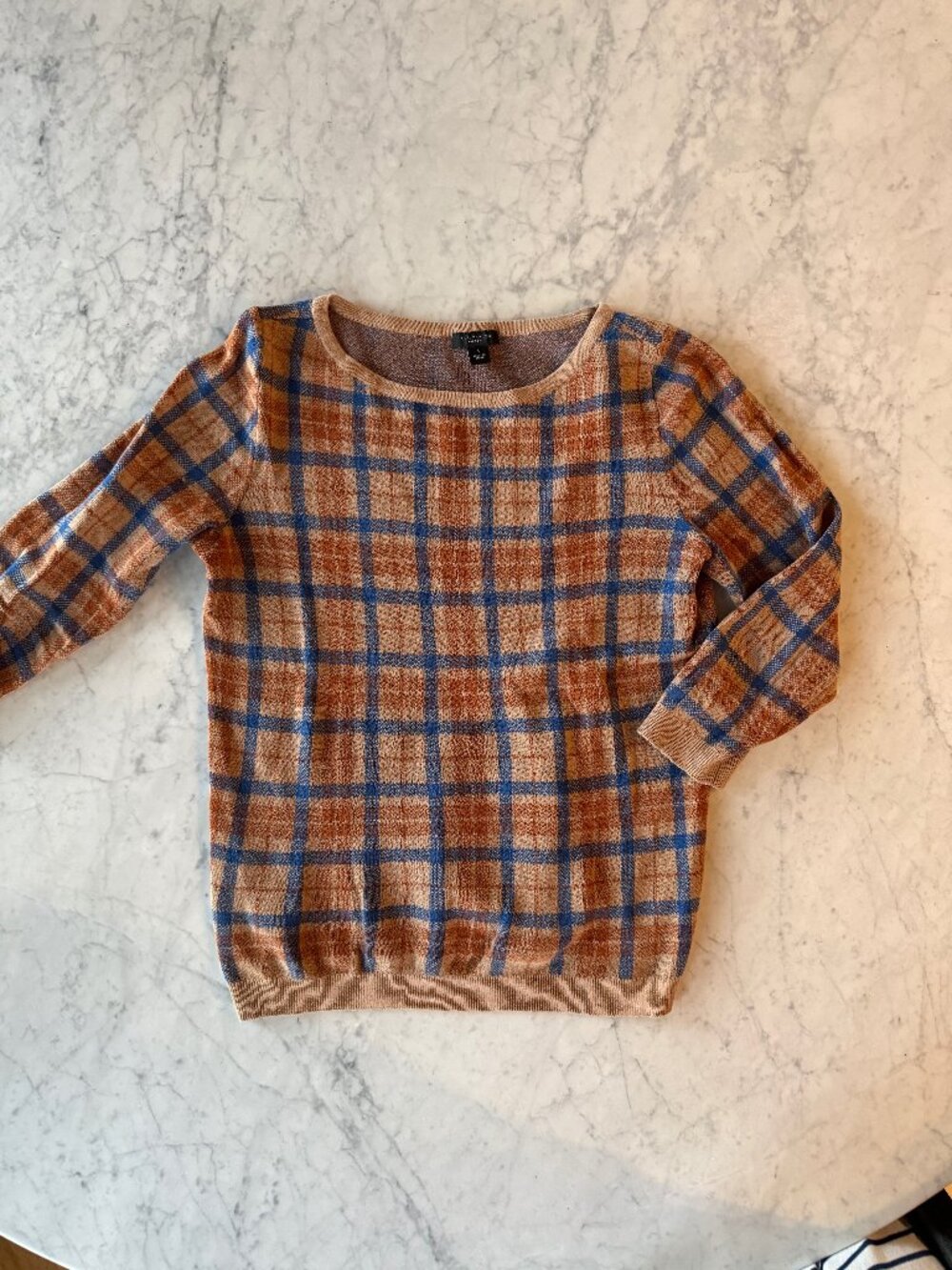 Ann Taylor Factory Plaid Crewneck Sweater | Camel Blue Brown | Size M